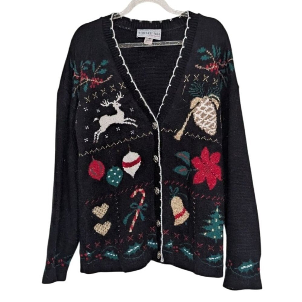 Vintage Belford Fair Christmas Cardigan Womens Size Medium Black V Neck Sweater